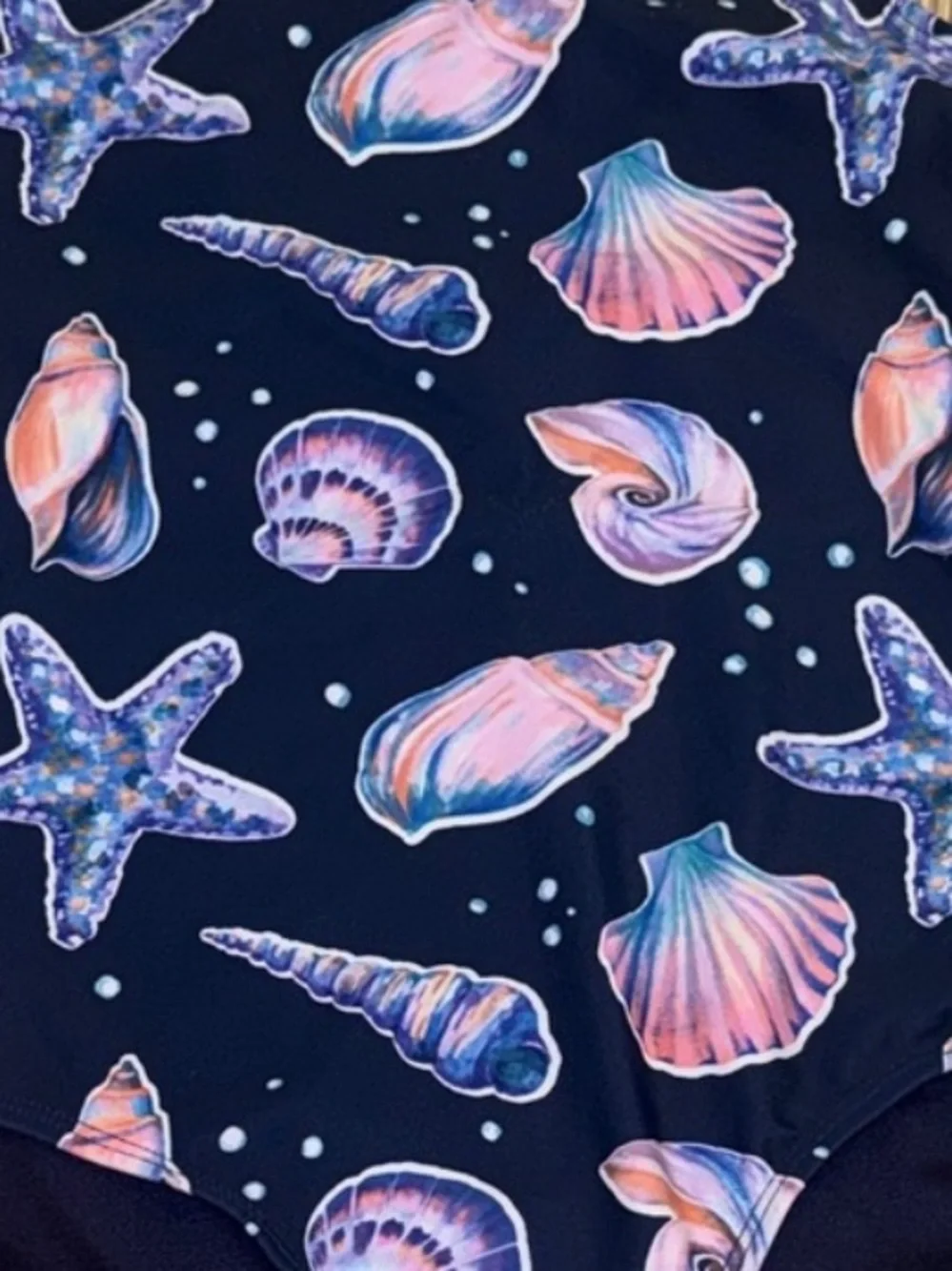 NWOT Lands' End Galaxy Shell One-Piece Swimsuit Seashells Front Twist Navy